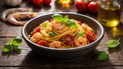 Spaghetti with Shrimp, Roasted Tomatoes, and Basil