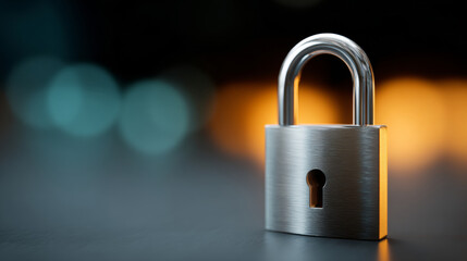 Fototapeta premium A silver padlock with a keyhole on the front and back side of it, placed against an out-of-focus background that has shades of blue and orange
