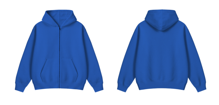 Blue Zipper Hoodie Mockup Front and Back on Transparent Background