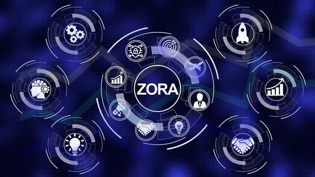 Digital Network Hub with Zora Central and Business Icons on Blue Grid Background technology connection
