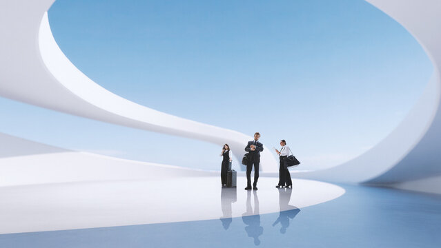 Digital composition of corporate travelers waiting under vast futuristic architecture. Concept of business transit, professional scheduling, and high-end mobility communication.