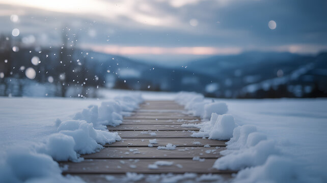 Snowy wooden boardwalk leading through a winter landscape with falling snow - Powered by Adobe