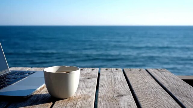 Laptop and coffee cup on table with ocean view in the background