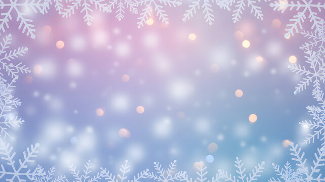 Soft pastel bokeh lights and snowflake border background
