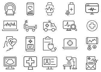 Set of digital healthcare equipment medical icons set. Containing as care, doctor, nurse, pills, clinic, hospital, treatment, sick, medicine and more. Smart medical solutions in vector.