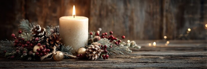 Festive Candle Glow. Christmas Card Featuring a White Candle Surrounded by Natural Decor on Rustic Wood - Wishing You a Merry Christmas and a Happy New Year