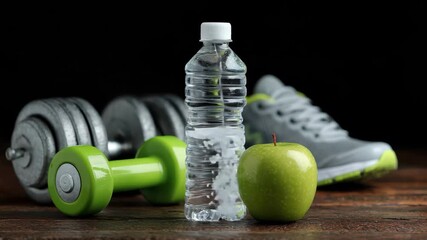 Fitness essentials for a healthy lifestyle featuring weights, a water bottle, an apple, and athletic shoes
