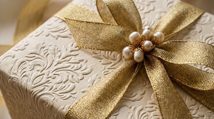 Elegant Gift Box with Gold Ribbon and Pearl Embellishment