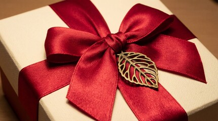 Gift Box with Red Satin Bow and Leaf Charm