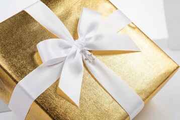 Gold Gift Box with White Ribbon and Star Charm