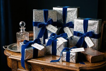 Silver Wrapped Gifts with Blue Velvet Ribbons on Antique Wooden Table