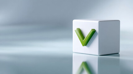 A white cube with a green check mark on it is sitting in front of a gray background