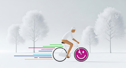 Whimsical cyclist rides to a happy destination in winter park