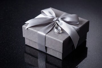 Elegant Gray Gift Box with Silver Ribbon and Crystal Charm