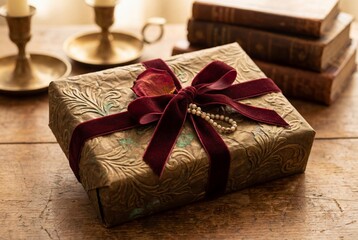 Ornate Gift Box with Velvet Ribbon and Pearls