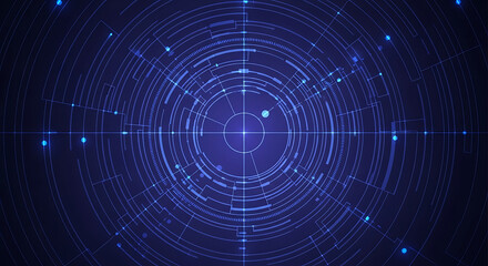 Futuristic digital technology background with glowing HUD concentric circles and cyber security data pattern.