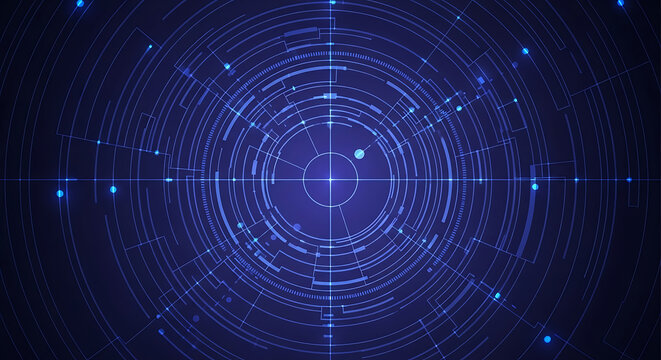 Futuristic digital technology background with glowing HUD concentric circles and cyber security data pattern. - Powered by Adobe
