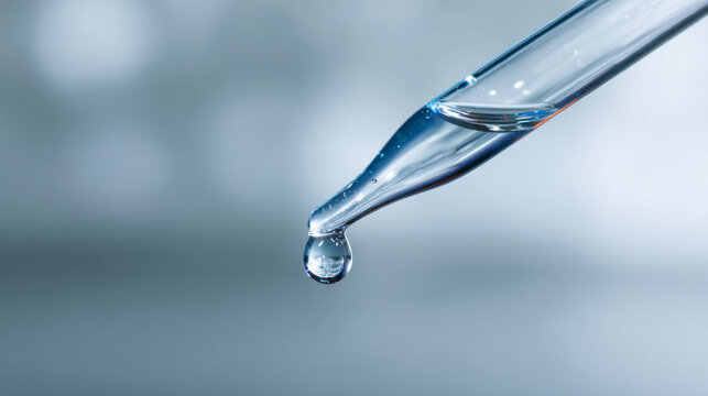 A close up of a pipette with blue liquid dripping from it on a white background - Powered by Adobe