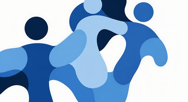 Dynamic stylized abstract people shapes in various blue tones representing community and flow. - Powered by Adobe