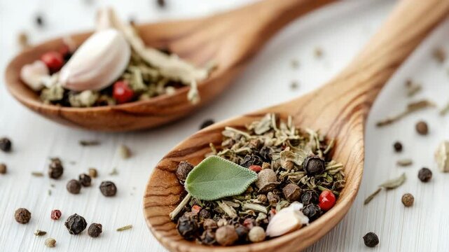 Video Two wooden spoons filled with various spices and herbs, great for cooking or  props