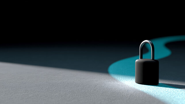 A padlock is on a surface with light shining from underneath it and the background has an outline of a path in blue that looks like it's glowing, suggesting security or safety