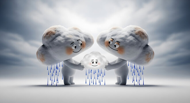 Adorable cloud family bringing rain, a delightful weather concept