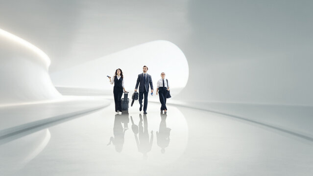 Digital collage. Architectural tunnel with three business travelers walking through futuristic passage. Concept of mobility ecosystems, architectural scale, and streamlined professional journeys.
