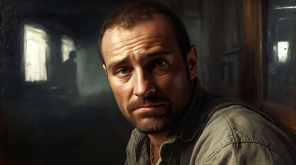 A man looks into the camera, showing a sad expression, with a figure in the background blurred out. This image conveys a sense of introspection and emotional depth.