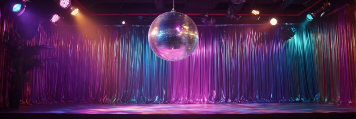Colorful disco stage with shimmering metallic curtains and vibrant spotlight lighting