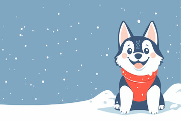 Cute flat naive husky dog in red harness sitting on snow with smiling face, with space for text. Perfect for kids’ branding, holiday packaging, or printable winter decor