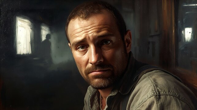 A man looks into the camera, showing a sad expression, with a figure in the background blurred out. This image conveys a sense of introspection and emotional depth.