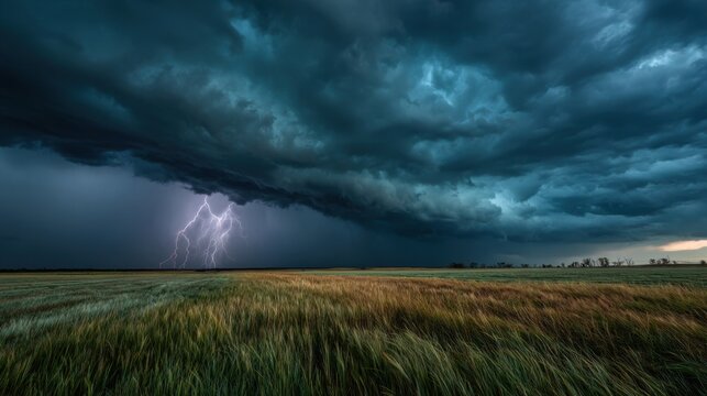 Powerful lightning bolts striking over stormy sky above wide open field