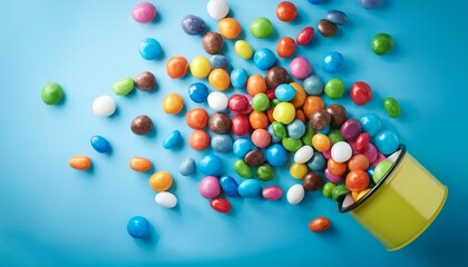 colorful candies falling on blue background