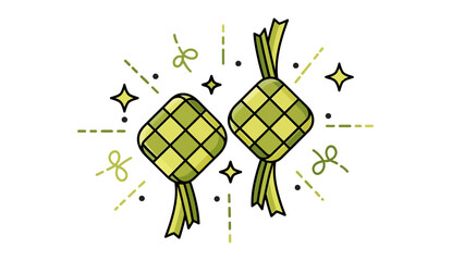 A charming, minimalist cartoon illustration featuring two green Ketupat rice dumplings, commonly eaten during Eid al-Fitr (Hari Raya Idul Fitri) and Eid al-Adha