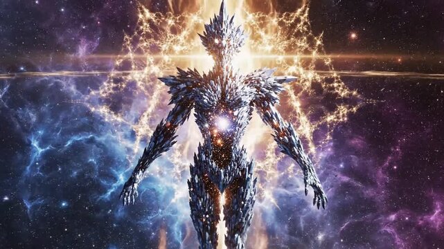 Crystalline being amidst vibrant cosmic phenomena