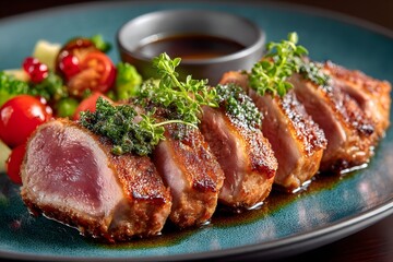 Sliced Duck Breast with Green Garnish and Vegetable Salad Image