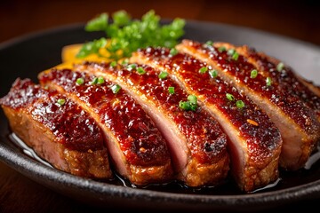 Sliced glazed duck breast with green garnish on Image black plate