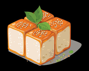 Gourmet orange glazed cake cubes with sesame seeds and fresh green mint leaf garnish - Vector Illustration © powdesign