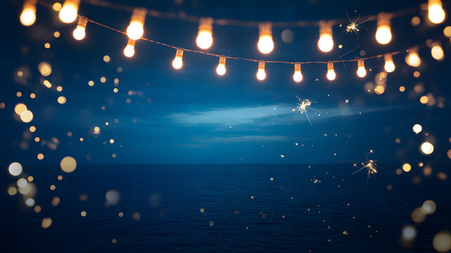 Magical string lights illuminating a dark starry night sky