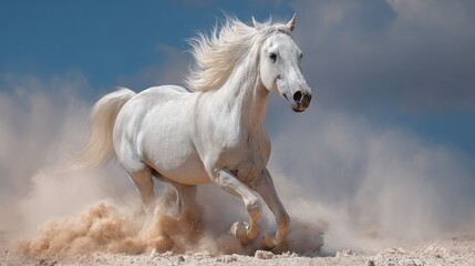 White horse running desert