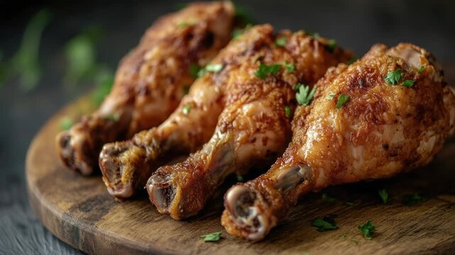 Video Freshly cooked chicken legs served on a rustic wooden cutting board, garnished with green parsley leaves