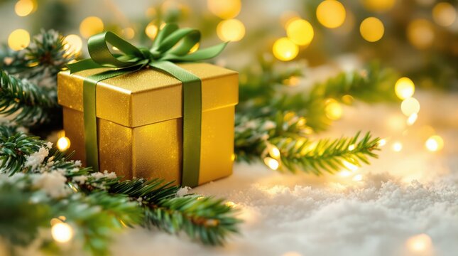 Gift box with green ribbon on snow and festive bokeh lights