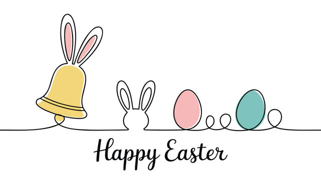 Whimsical easter greeting with a bell bunny ears and colorful eggs in a continuous line art style