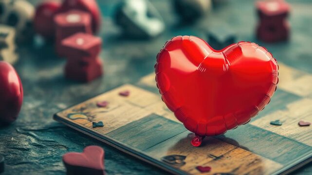 Video A bright red heart shaped balloon sits atop a rustic wooden board, ready for decoration or gift giving