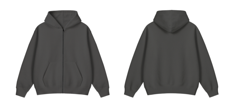 Dark Gray Zipper Hoodie Mockup Front and Back on Transparent Background