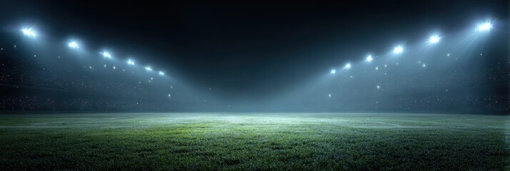 Illuminated Sports Arena: Nighttime Stadium Lights on Green Grass Background