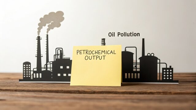 Minimalist oil refinery silhouette with posted Petrochemical output