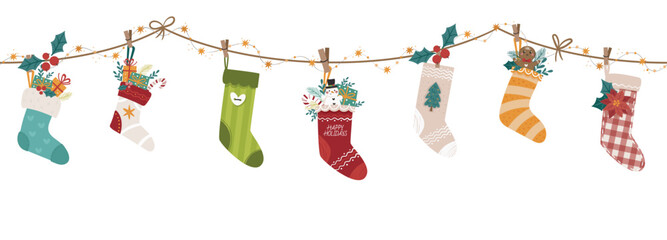 Christmas vector horizontal seamless garland with socks, lights, gifts and candies. Perfect for holiday decorating websites, cards, and banners