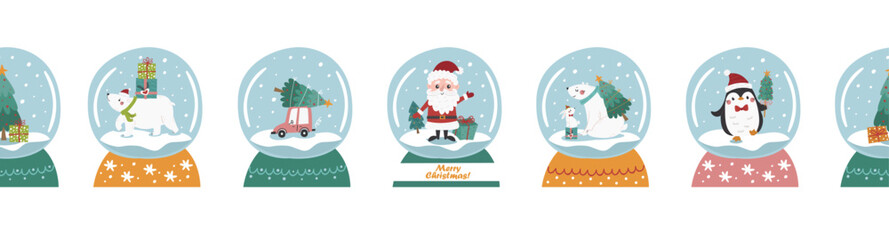 Vector horizontal Christmas border with snow globes. Perfect for holiday decorating websites, cards, and banners