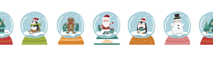 Vector horizontal Christmas border with snow globes. Perfect for holiday decorating websites, cards, and banners